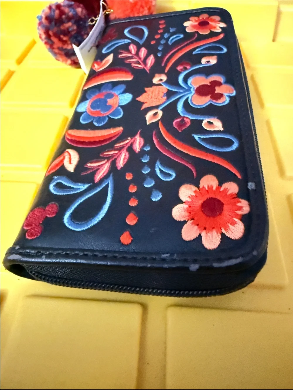 Disney Black Floral Embroidered Zip Wallet with Red and Blue Pom-Pom